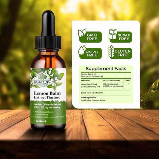 Amazing Botanicals Lemon Balm tincture label closeup showing organic ingredients