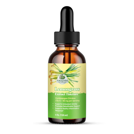 Amazing Botanicals Lemongrass tincture bottle supports daily wellness and citrus aroma.