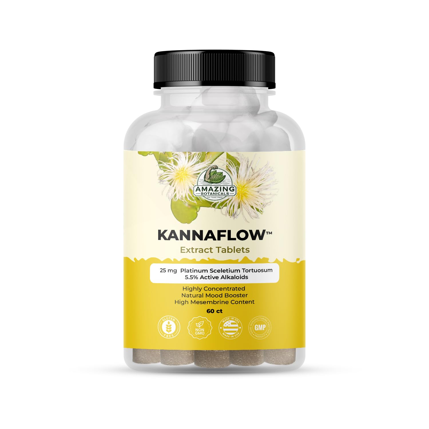Amazing Botanicals Platinum Sceletium Tablets bottle front, convenient daily dose.