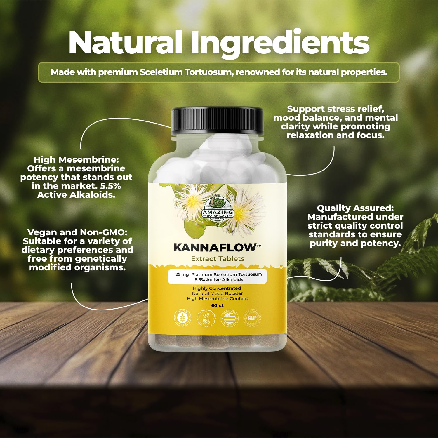 Amazing Botanicals Platinum Sceletium Tablets label close-up, highlights mesembrine content.