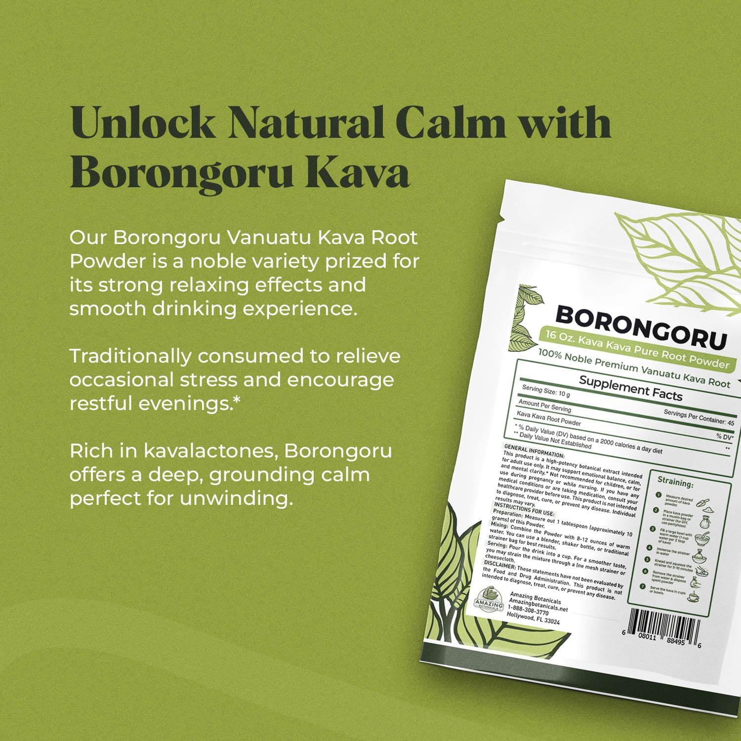 Amazing Botanicals pure kava powder closeup promotes relaxation and smooth social moments.