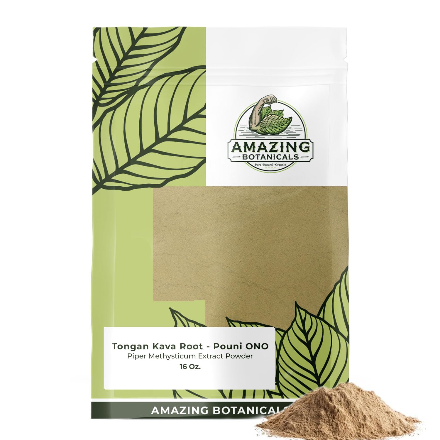 Amazing Botanicals Tongan Kava Pouni Ono bag front shows pure Tonga powder for social relaxation.