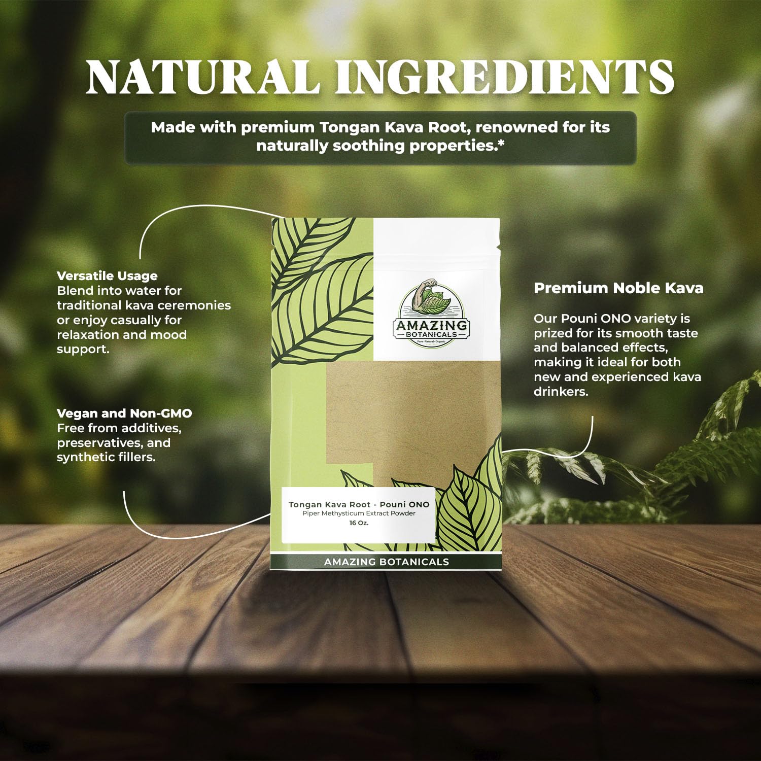 Amazing Botanicals Tongan Kava Pouni Ono brewed drink in glass for a calm, focused moment.