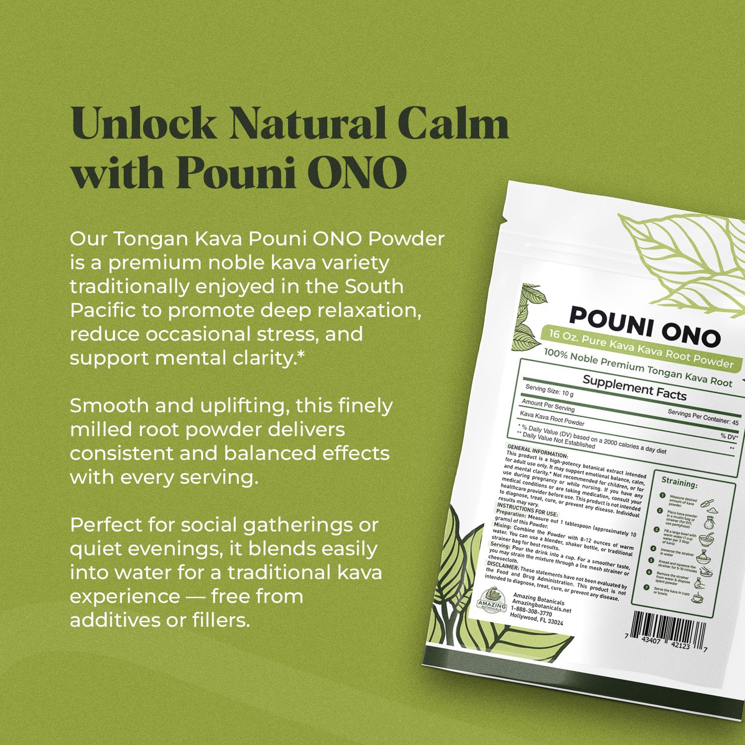 Amazing Botanicals Pouni Ono dry powder close-up, highlighting premium Tonga kava quality.