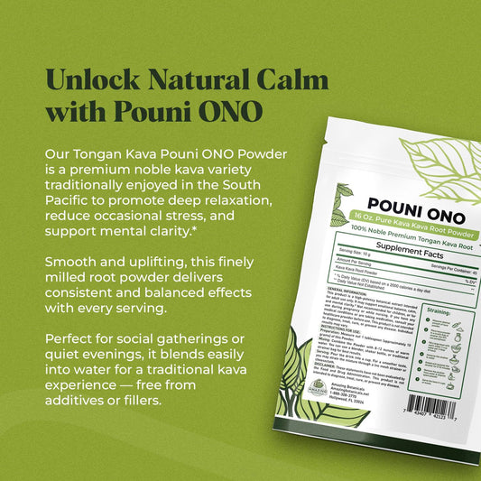 Amazing Botanicals Pouni Ono dry powder close-up, highlighting premium Tonga kava quality.