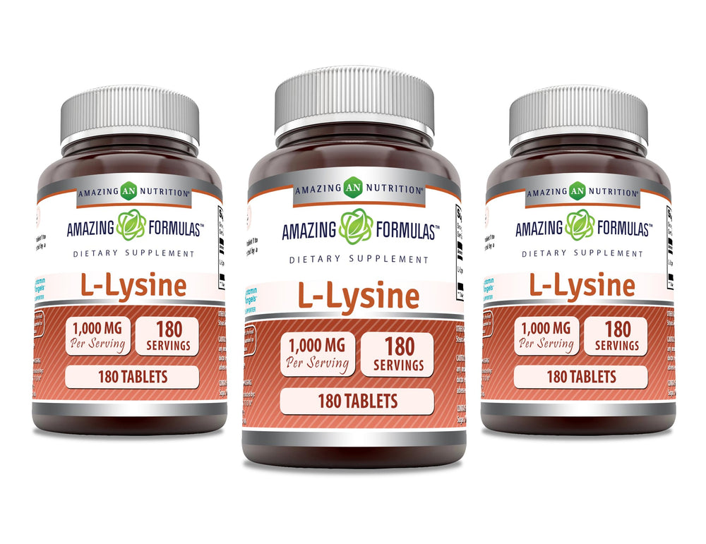 Amazing Formulas L-Lysine 1000mg tablet bottle supports daily amino acid intake.
