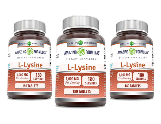 Amazing Formulas L-Lysine 1000mg tablet bottle supports daily amino acid intake.