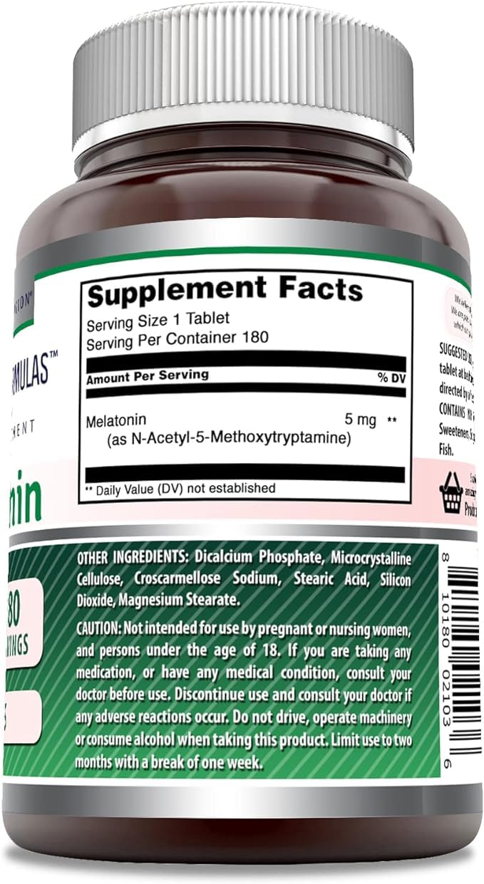 Amazing Formulas melatonin 5 mg label close-up showing Non-GMO and gluten-free features