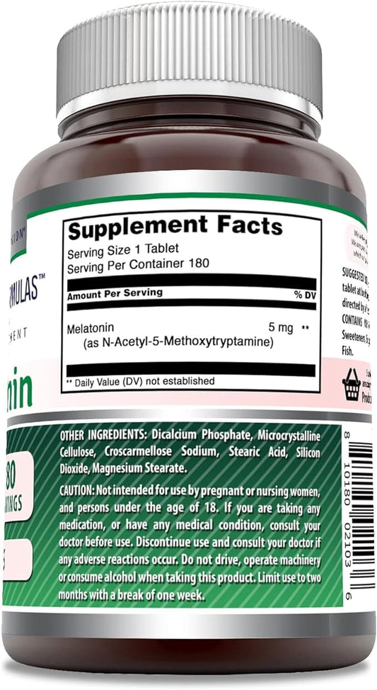 Amazing Formulas melatonin 5 mg label close-up showing Non-GMO and gluten-free features