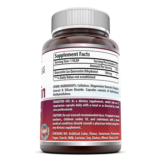 Amazing Formulas Quercetin 500 mg capsules close-up, vegan capsules for daily supplement