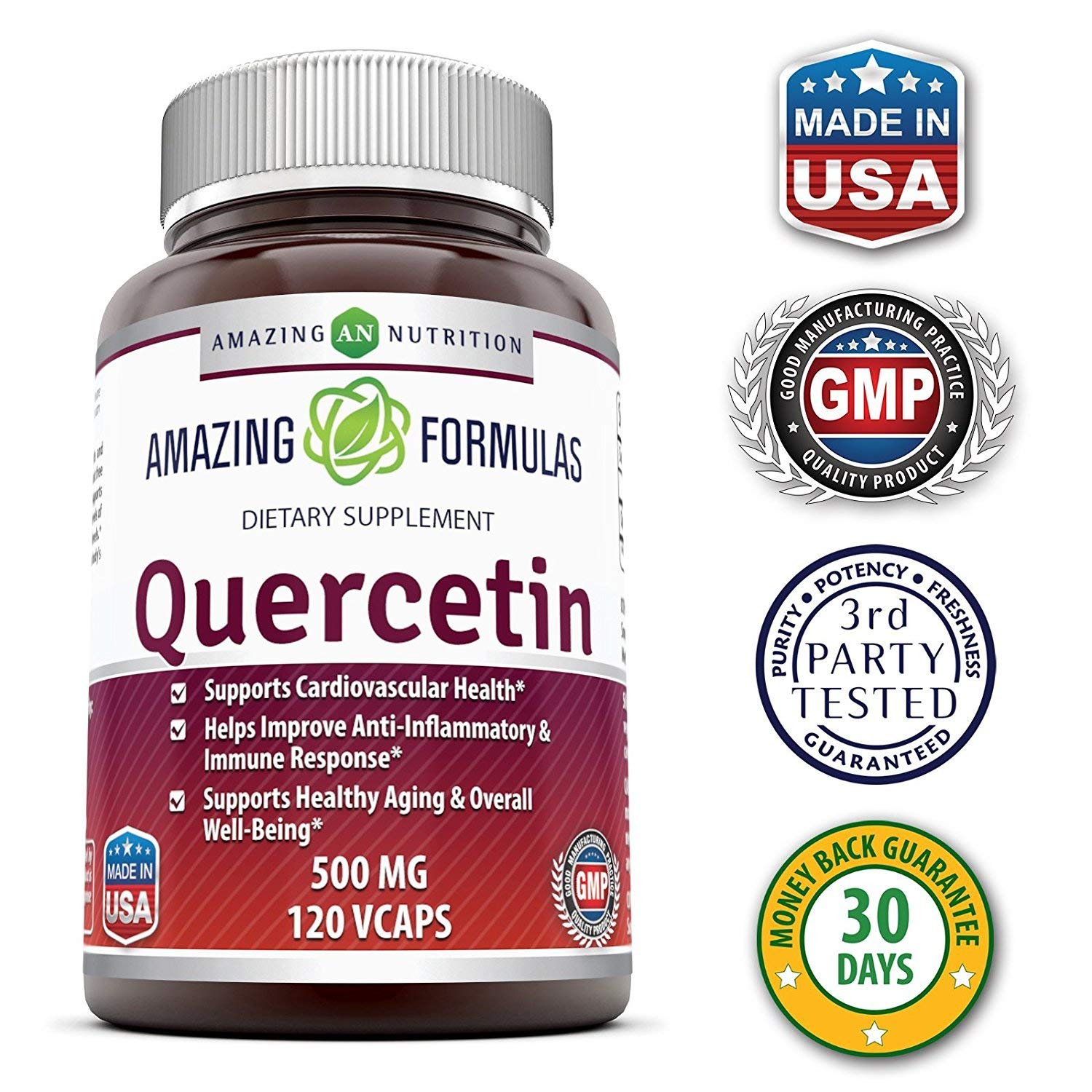 Amazing Formulas Quercetin 500 mg bottle manufactured in USA under GMP standards