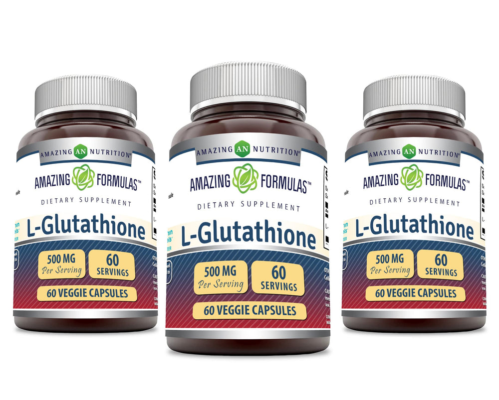 Amazing Formulas Reduced L-Glutathione bottle label shows 500 mg per serving.