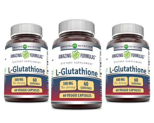 Amazing Formulas Reduced L-Glutathione bottle label shows 500 mg per serving.