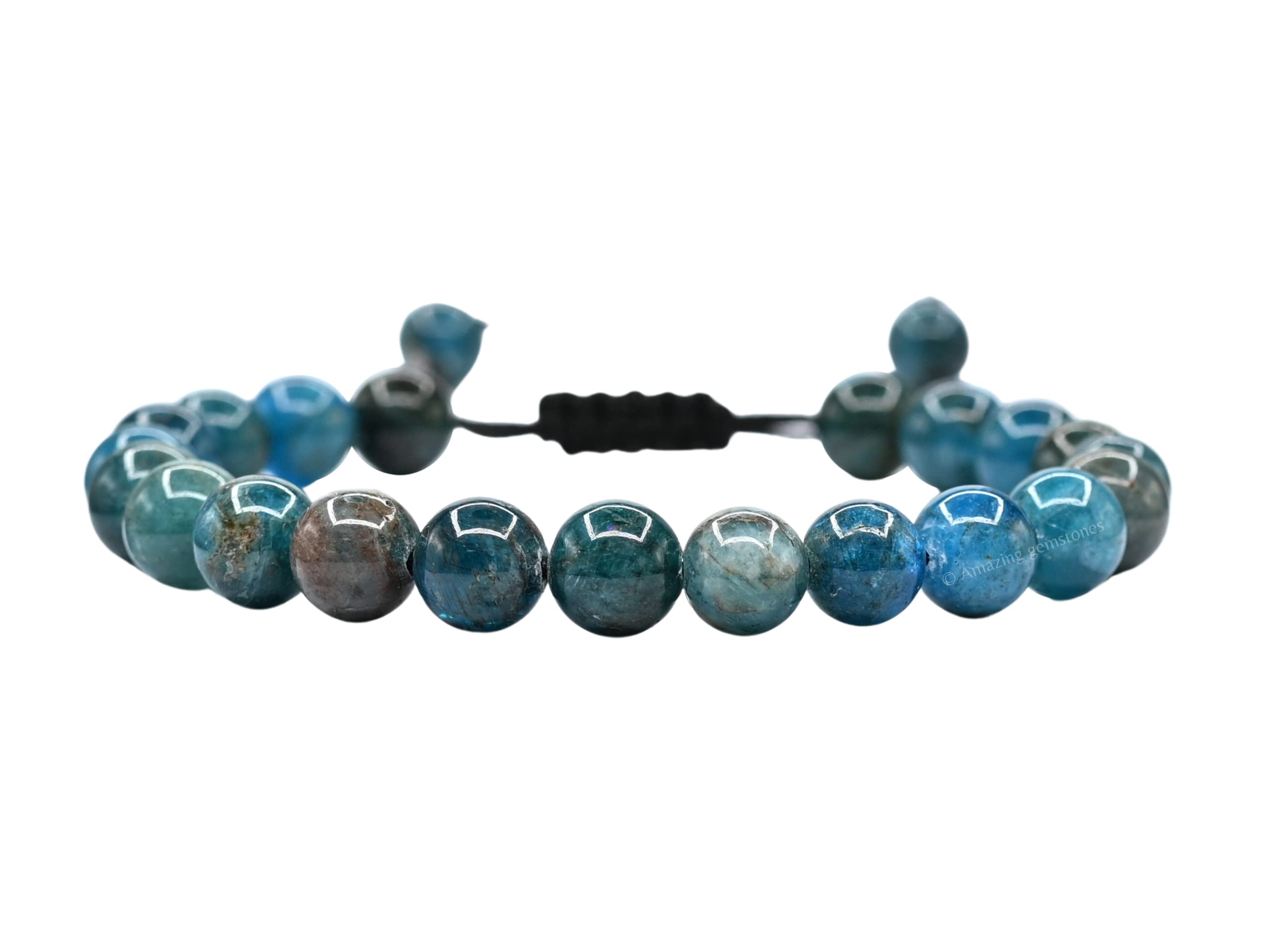 Amazing Gemstone Apatite Bracelet closeup of 8mm beads for grounding and style.