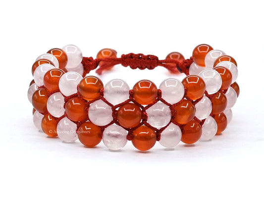 Amazing Gemstone bracelet closeup with rose quartz and carnelian beads for love energy