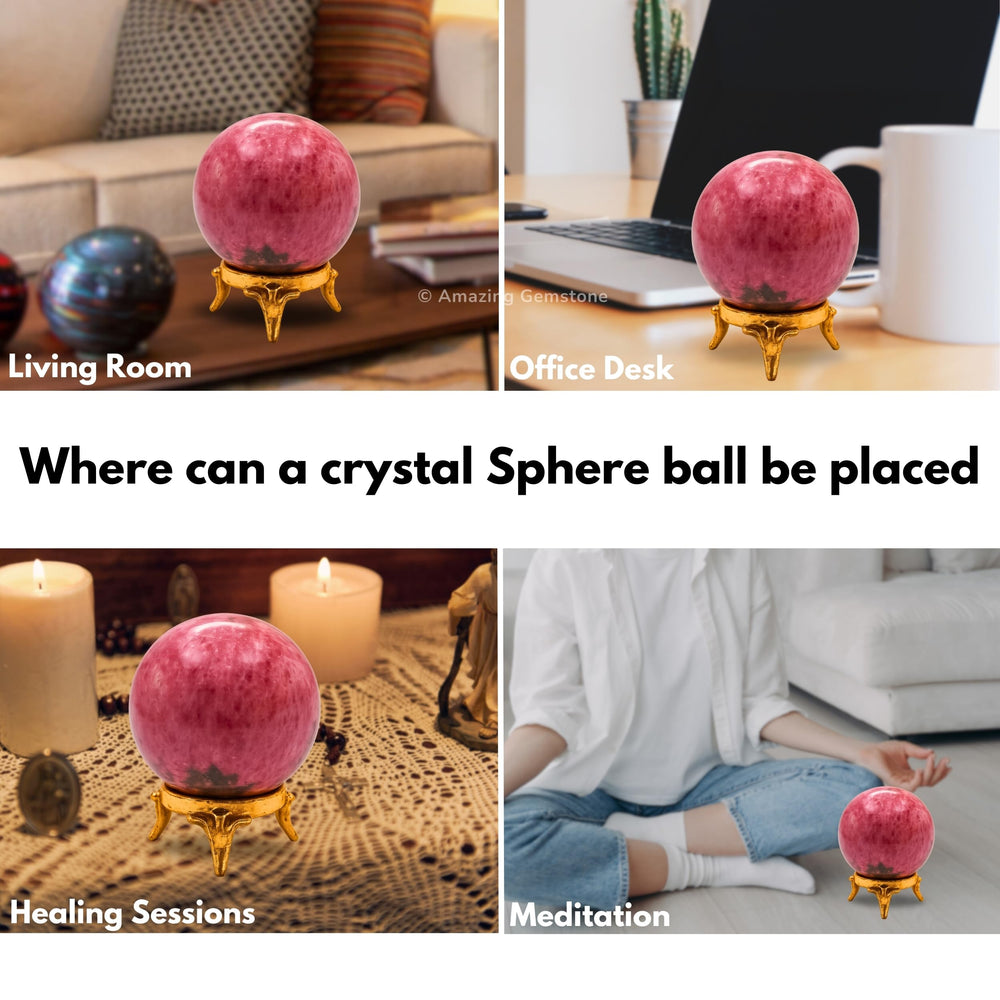 Amazing Gemstone brass stand with rhodonite ball complements display.