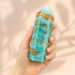 Amazing Gemstone Caribbean Calcite Tower grid-center setup amplifies intention and focus.
