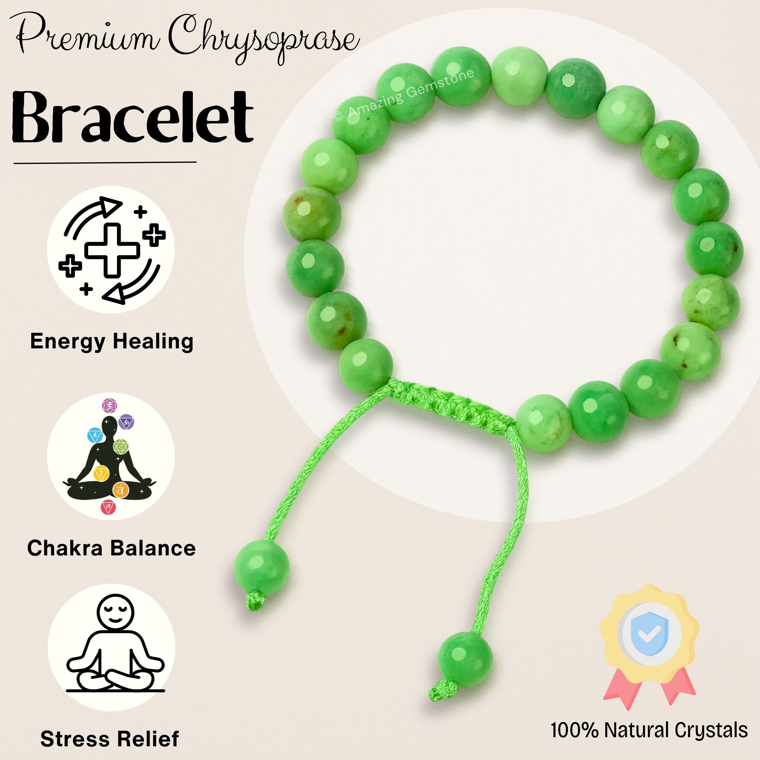 Amazing Gemstone Chrysoprase bracelet adjustable band adaptable to different wrist sizes.