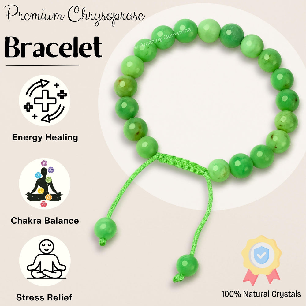 Amazing Gemstone Chrysoprase bracelet adjustable band adaptable to different wrist sizes.