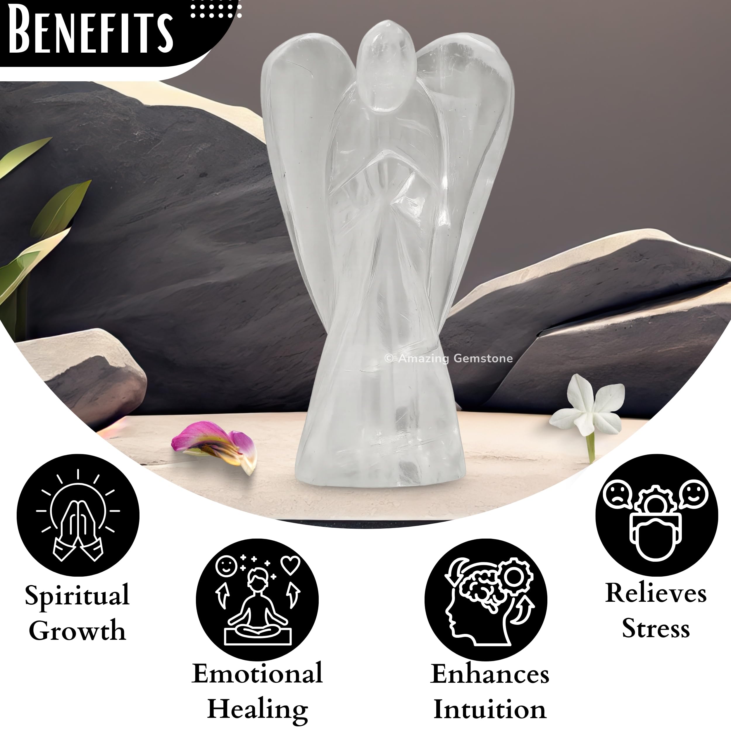 Amazing Gemstone Clear Quartz Angel on table, compact display for desks and shelves.