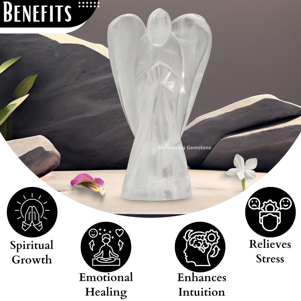 Amazing Gemstone Clear Quartz Angel on table, compact display for desks and shelves.