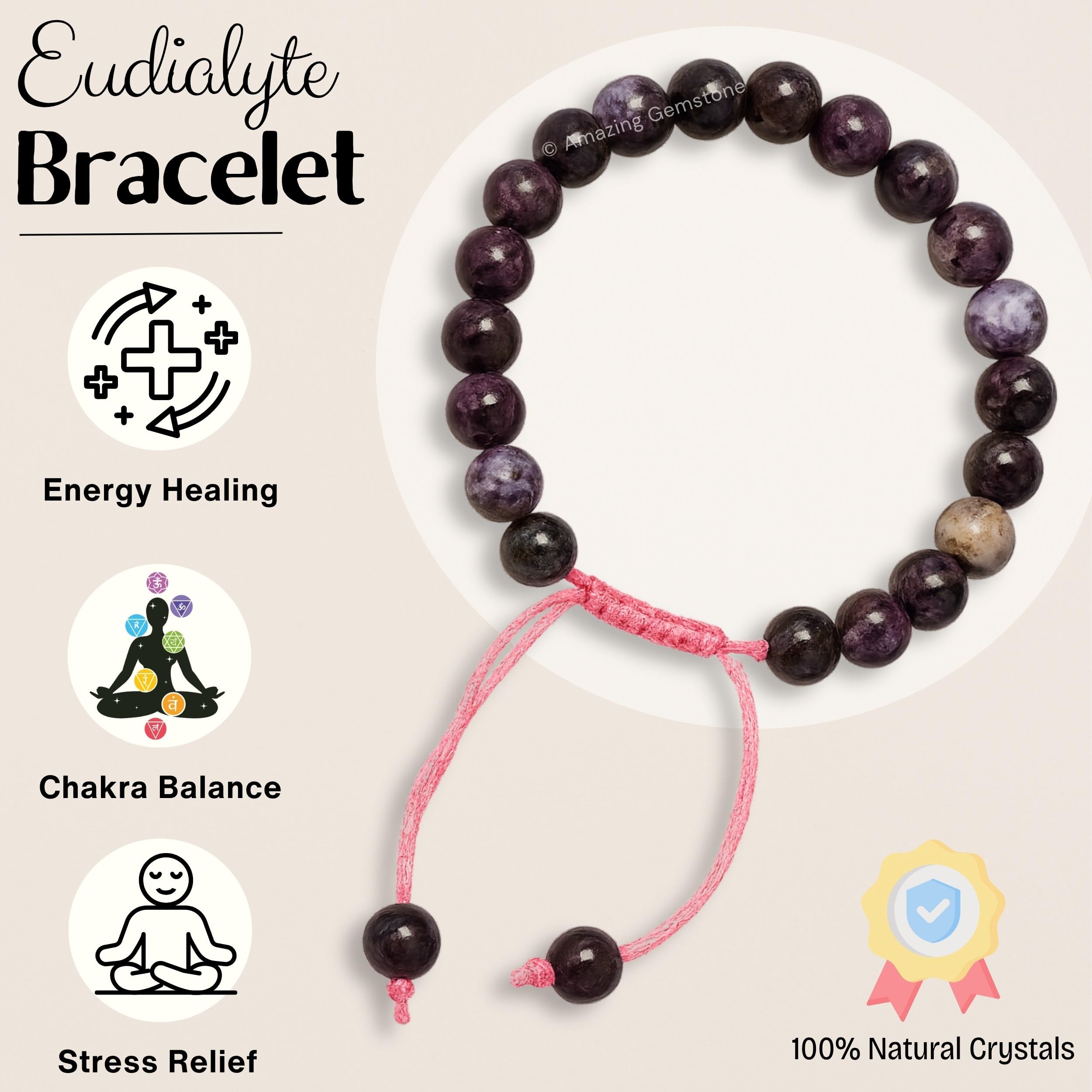 Wrist shot of Amazing Gemstone Eudialyte Bracelet in versatile wear.