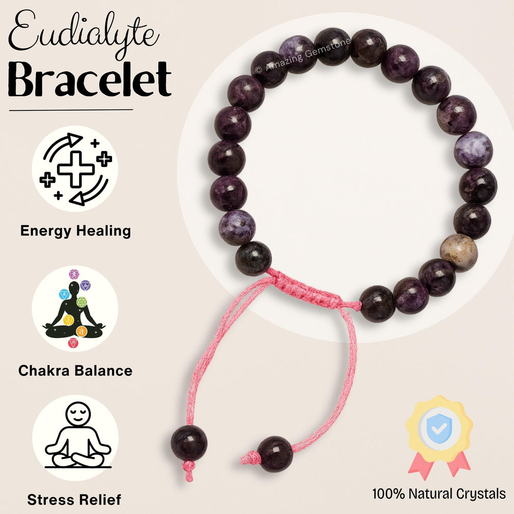 Wrist shot of Amazing Gemstone Eudialyte Bracelet in versatile wear.