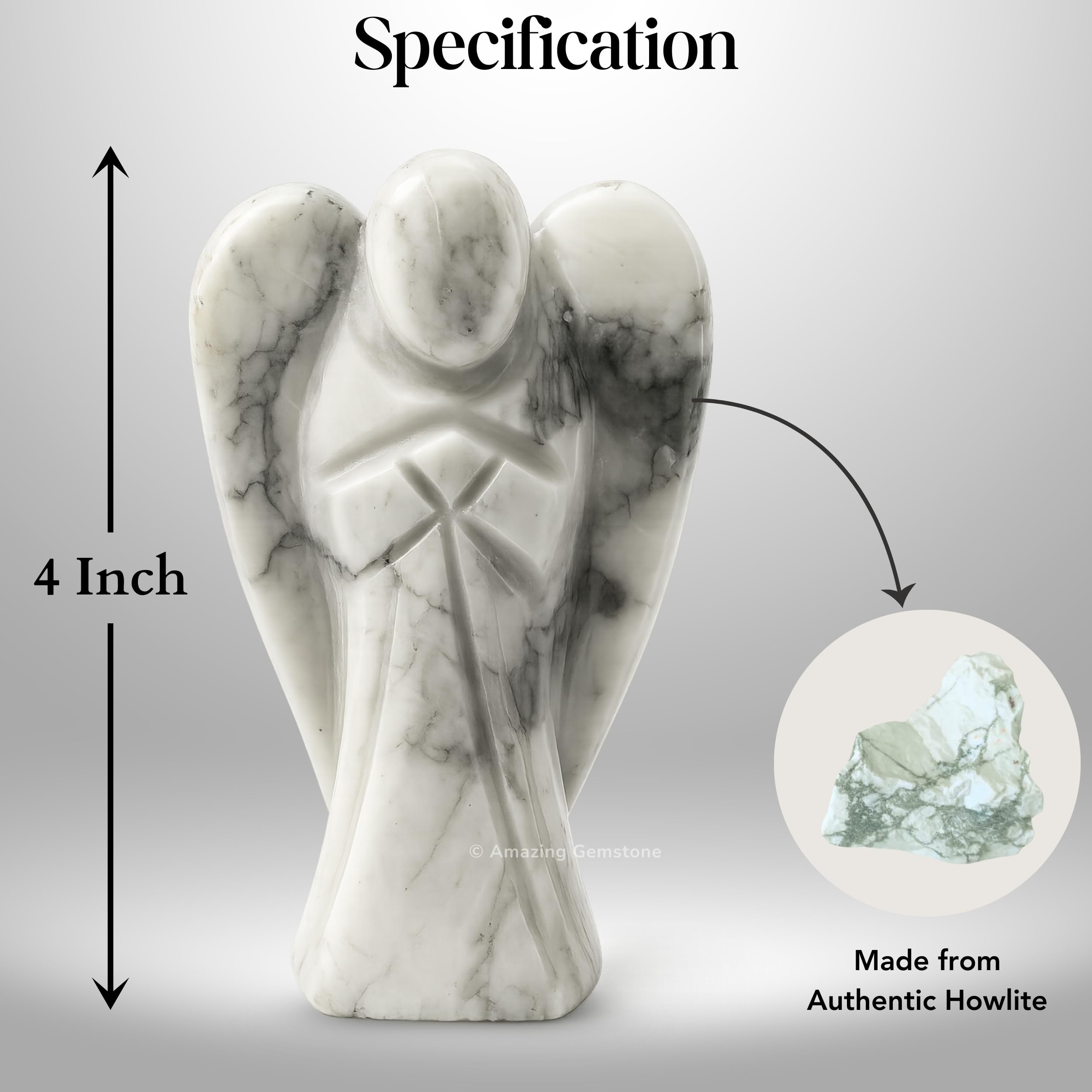 Amazing Gemstone Howlite Angel closeup highlights natural stone textures and serene presence.
