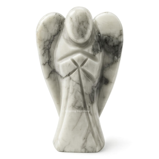 Amazing Gemstone Howlite Angel figurine 4-inch display for protection and calm.
