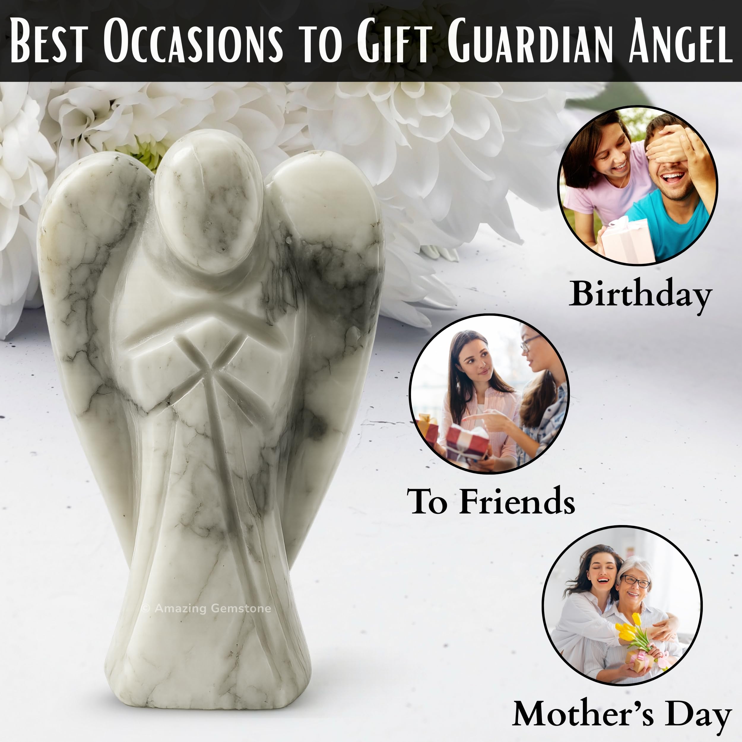 Amazing Gemstone Howlite Angel 4-inch statue suitable for home desk or shelf.
