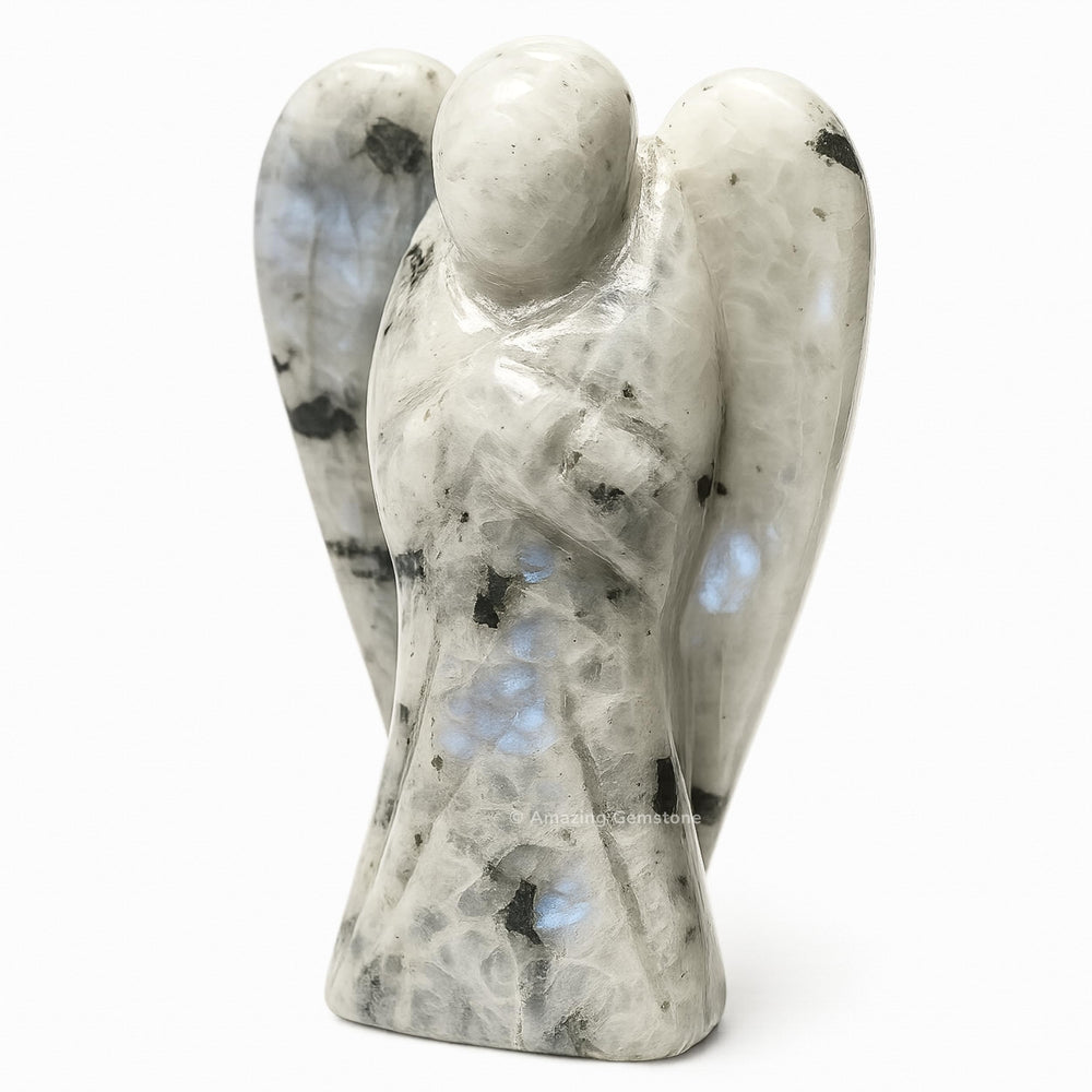 Amazing Gemstone Rainbow Moonstone Angel close-up reveals iridescent shimmer and natural craftsmanship