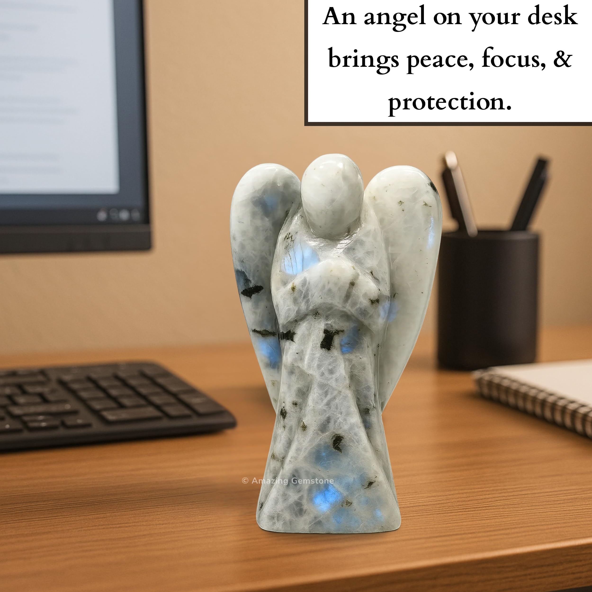 Amazing Gemstone Rainbow Moonstone Angel hand-carved figure for personal energy and calm vibes
