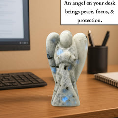 Amazing Gemstone Rainbow Moonstone Angel hand-carved figure for personal energy and calm vibes