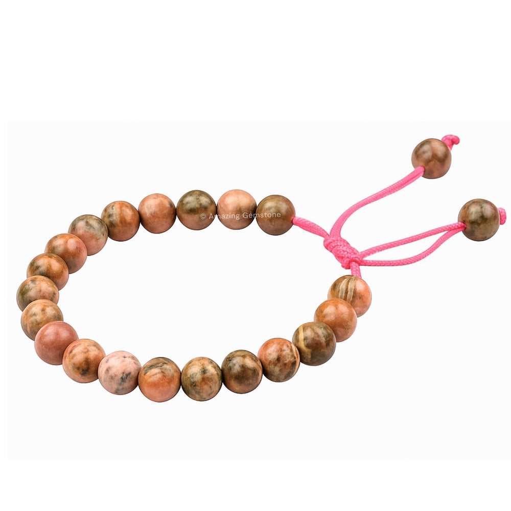 Close-up of Amazing Gemstone Rhodochrosite Bracelet natural beads and color variation.