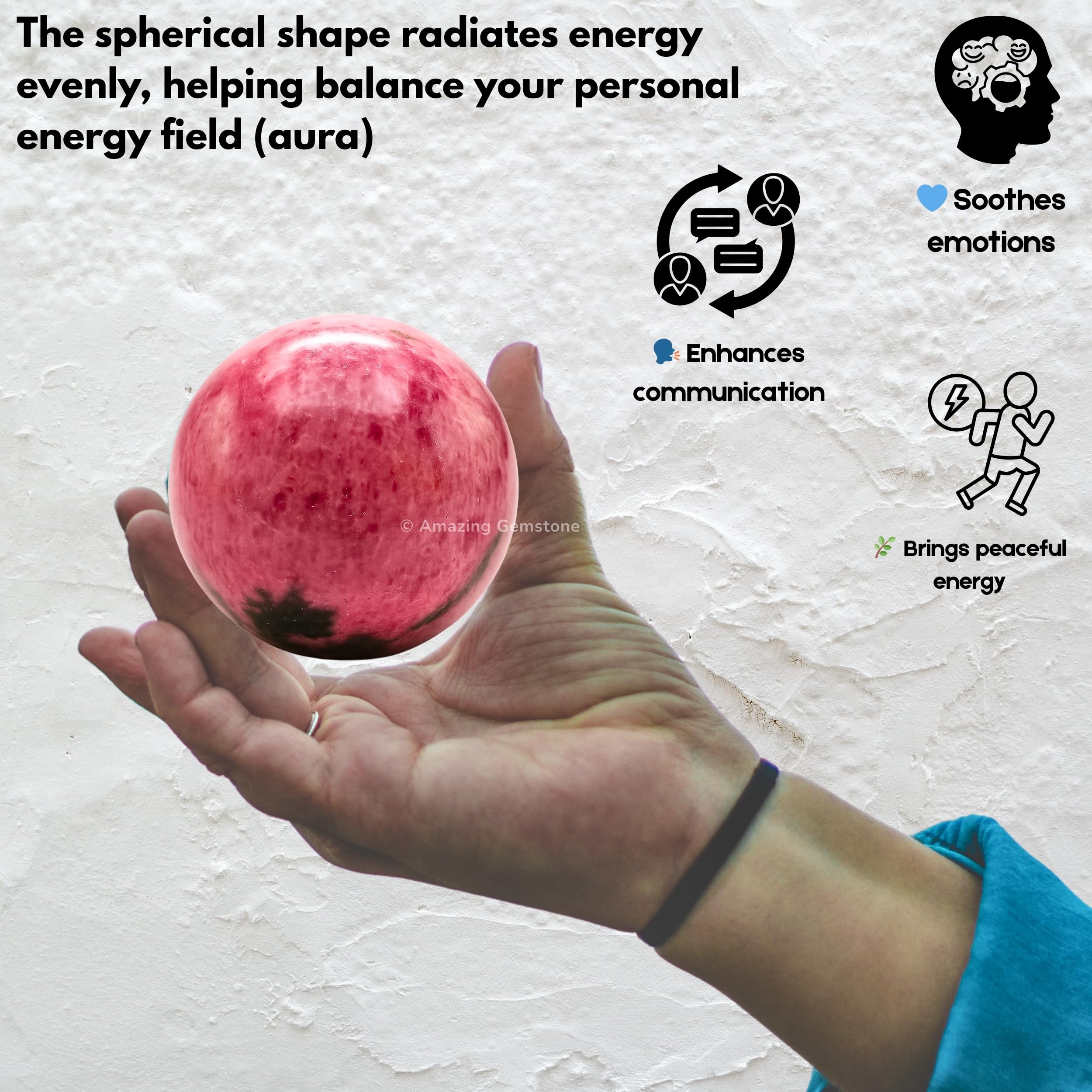 Amazing Gemstone rhodonite crystal ball for meditation and ritual ambiance.