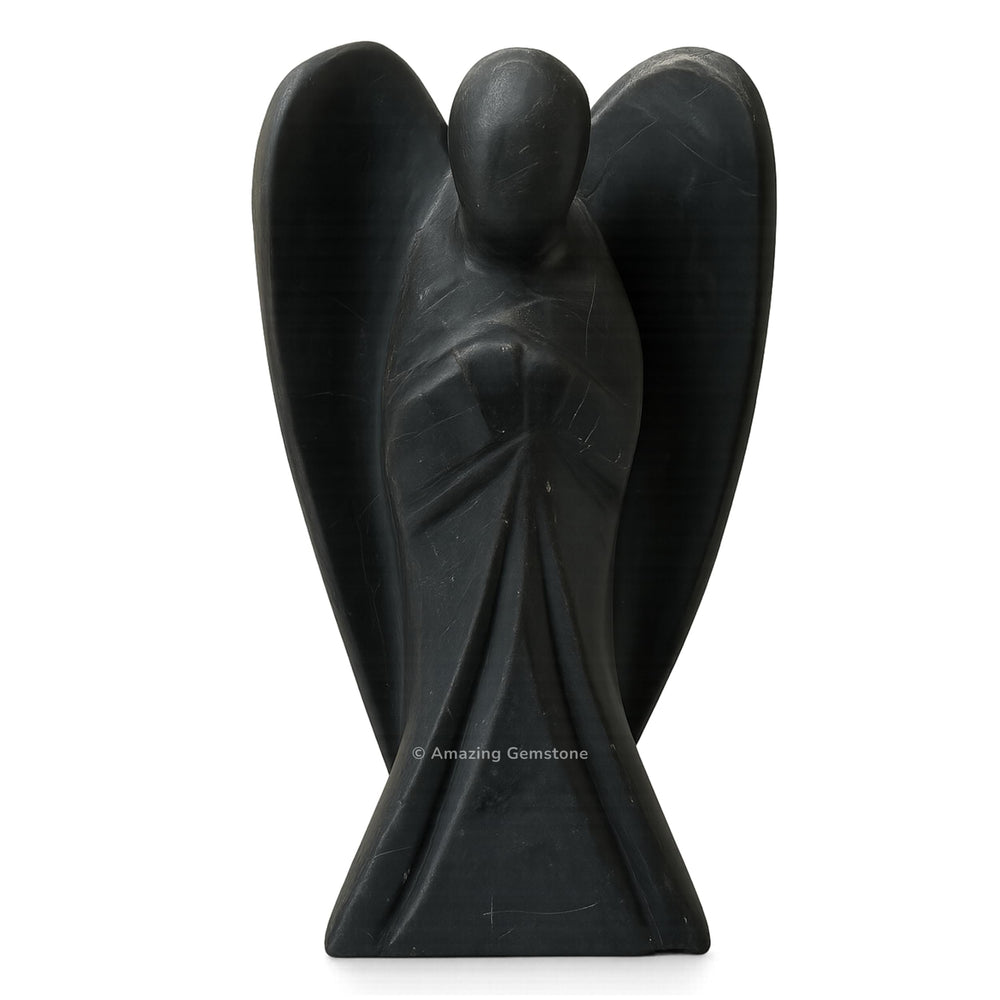 Amazing Gemstone Shungite Angel full-view shows a protective 4-inch statue.