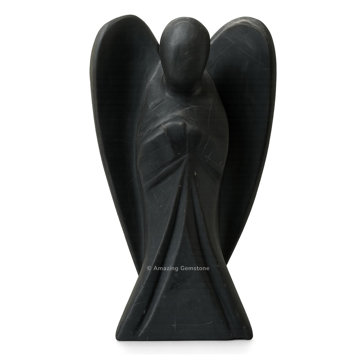 Amazing Gemstone Shungite Angel full-view shows a protective 4-inch statue.