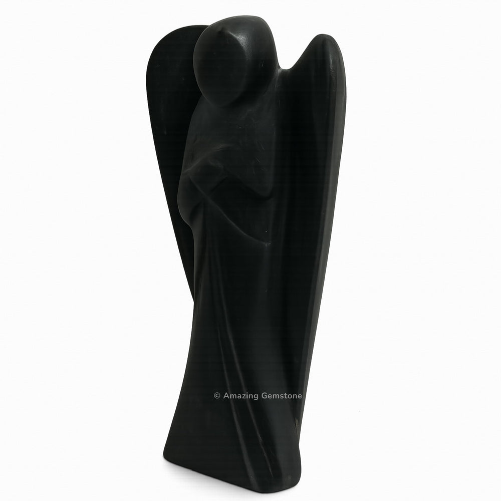 Amazing Gemstone Shungite Angel close-up detail highlights carved wings.
