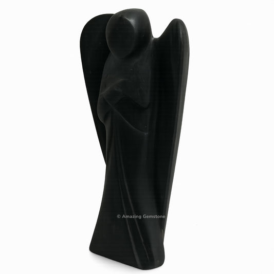 Amazing Gemstone Shungite Angel close-up detail highlights carved wings.