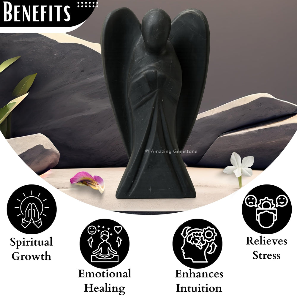 Amazing Gemstone Shungite Angel in velvet pouch for safekeeping.