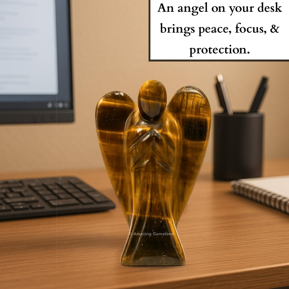 The 4-inch Tiger Eye Angel stands as a portable talisman