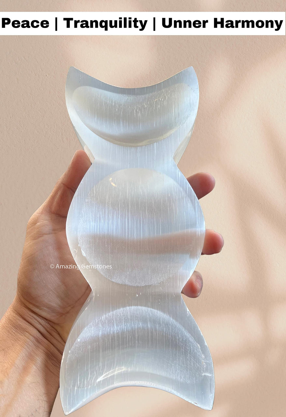 Amazing Gemstone triple moon selenite bowl designed for meditation and rituals.