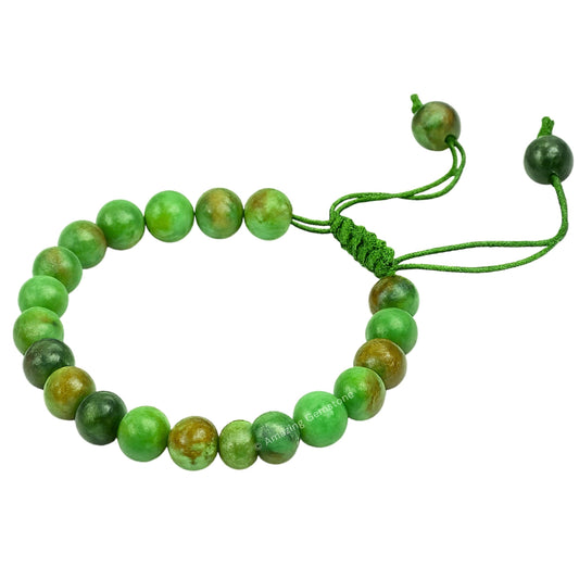 Amazing Gemstone Variscite bracelet wrist shot showing adjustable fit for comfort.