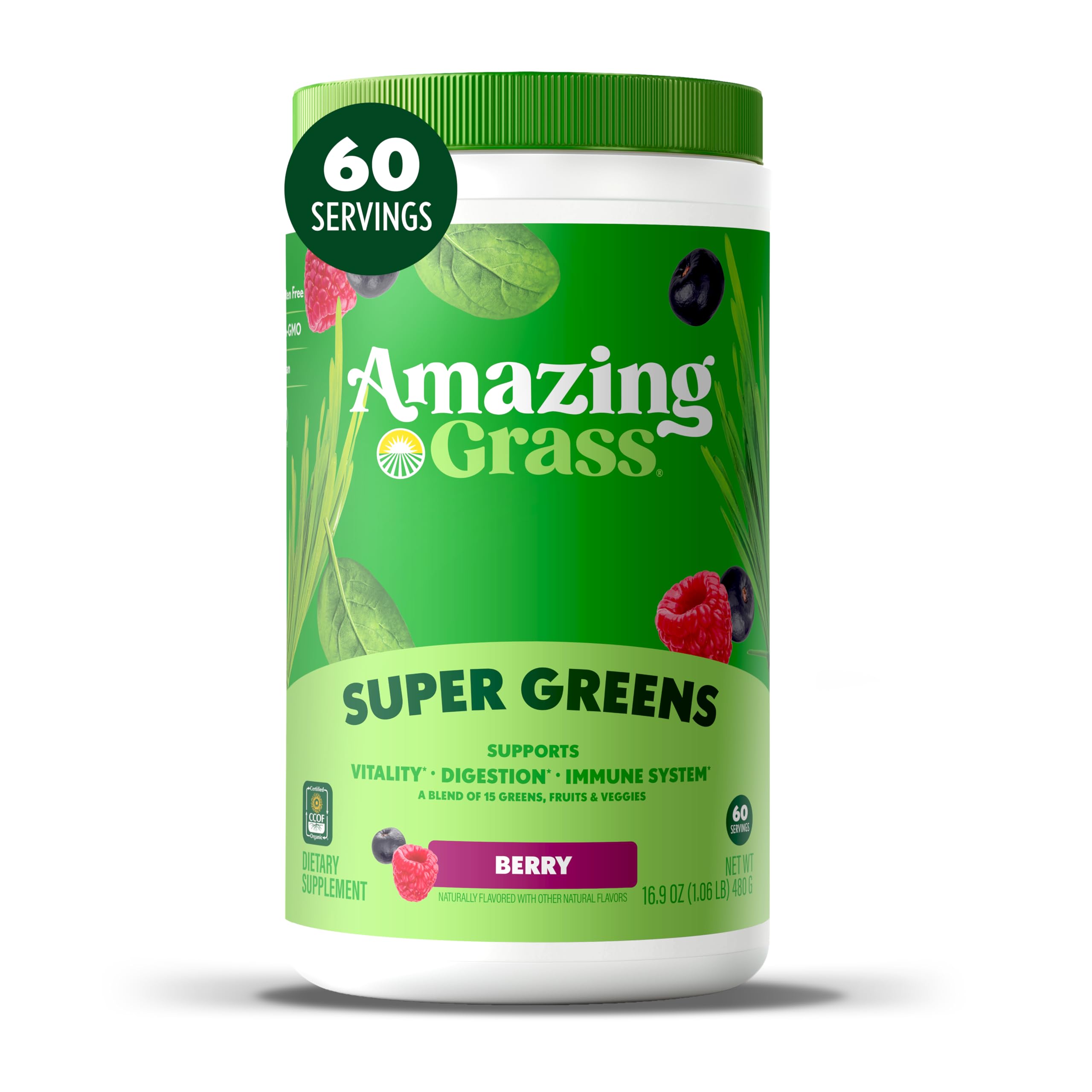 Amazing Grass Berry Green Superfood bottle showcases organic greens and berries for daily wellness.