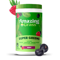 Amazing Grass Berry Green Superfood dispensing scoop highlights easy serving for smoothies.