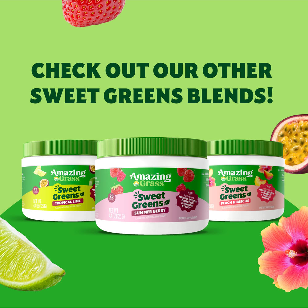 Amazing Grass Summer Berry powder in glass suggests a sugar-conscious option.