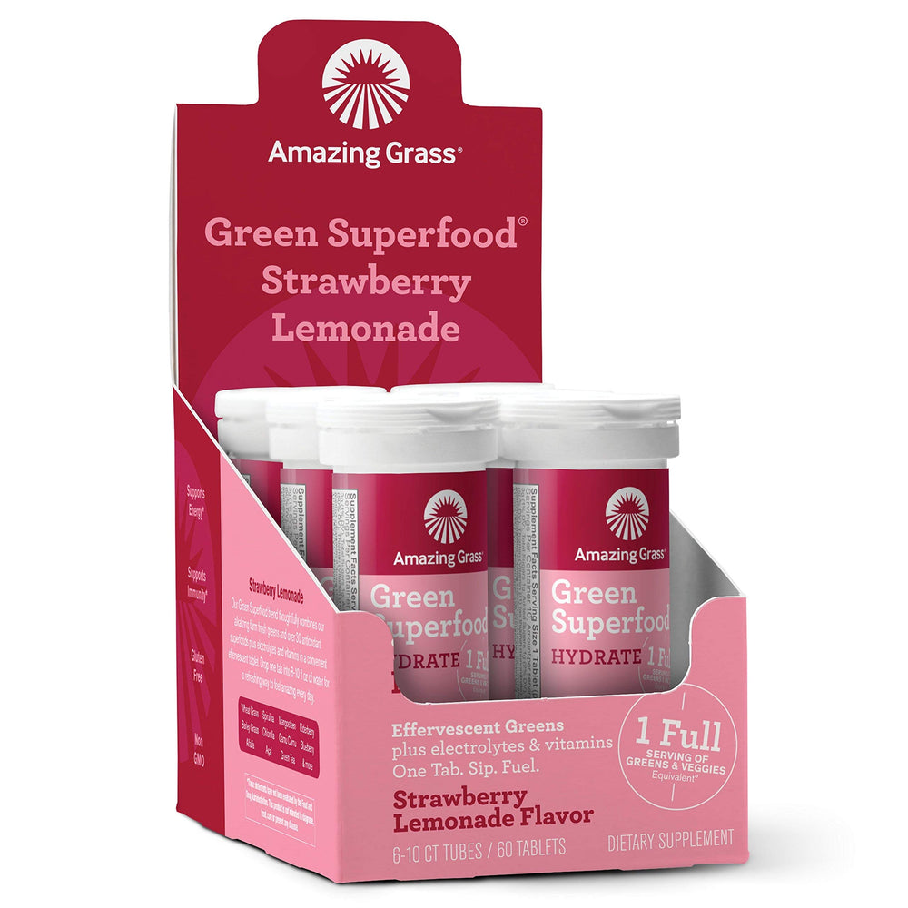 Amazing Grass Electrolyte Tablets in strawberry lemonade packaging for on-the-go hydration.
