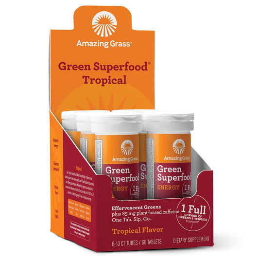 Amazing Grass Fizzy Green Tablets Energy Tropical bottle pour shows refreshing energy with tropical flavor