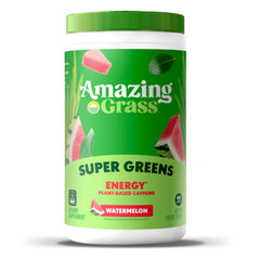 Amazing Grass Green Superfood Energy label closeup highlighting organic greens and clean nutrition.