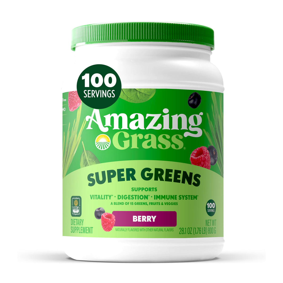 Amazing Grass Greens Blend Berry Powder Tub shows daily greens intake and refreshing flavor.